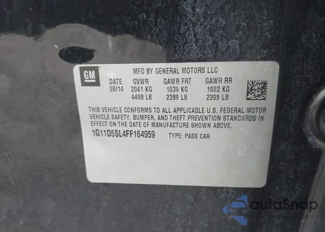 2015 Chevrolet Malibu 2Lt из США, поврежденный, VIN 1G11D5SL4FF164959